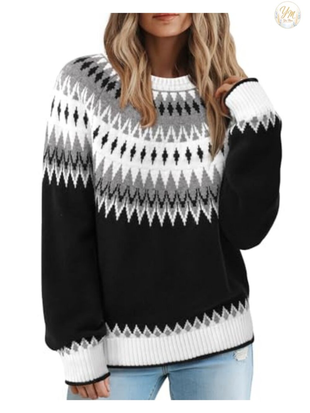 Fair Isle Sweater Women Color Block Cozy Knit Pullover Long Sleeve